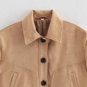 Camel faux suede jacket with classic collar and front buttons in a vertical shot