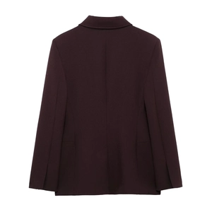 Rear view of a structured double-breasted wine red blazer with slim fit back seams