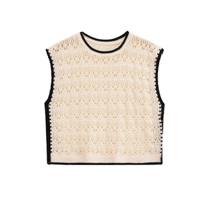 Women Casual Contrast Trim Crochet Knit Vest Sleeveless Round Neck Hollow Out Knitwear Pullover Cropped Tank Top