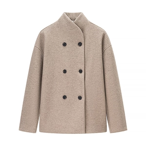 Damen Kurzmantel aus Wollmischung in Beige mit Doppelreiher-Knöpfen und Stehkragen-Design