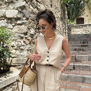 Linen blend sleeveless buttoned vest and high-waist shorts set in oatmeal color