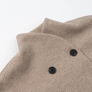 Detailaufnahme des kamelfarbenen Wollmantel-Revers mit hochwertiger Textur und Knöpfen