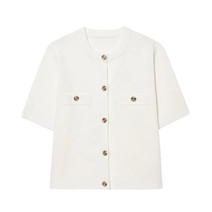 Short sleeve knit cardigan in cream white with gold metal buttons and round neck
