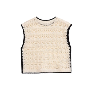 Chic beige crochet knit vest with black contrast piping and geometric hollow patterns