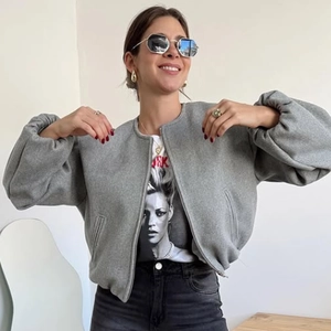 Damen Kurz Bomberjacke Wollgewebe Rundhals Reißverschluss Einfarbig Laternenärmel Casual Chic Oberbekleidung Mantel Für Damen