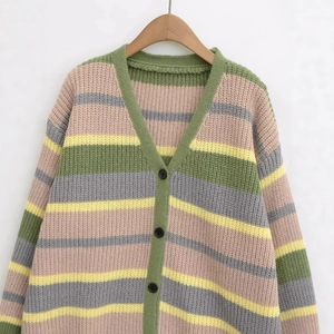 Women's 2025 V-neck striped knit cardigan sweater with colorful thick knit pattern
