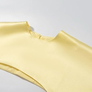 Détail d'une robe en satin jaune pâle avec col rond et fermeture éclair invisible au dos