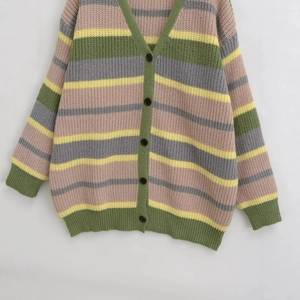 Women's colorful striped knit cardigan with V-neck and black buttons on white background