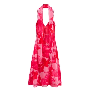 Neckholder-Maxikleid aus Chiffon mit rotem Blumendruck und passendem Schal