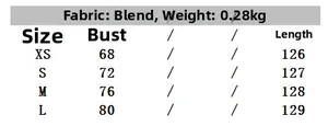 Size guide for women's midi dress showing bust and length measurements in cm for XS-L sizes