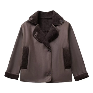 Women's dark brown faux shearling jacket with large lapel and cozy fleece lining