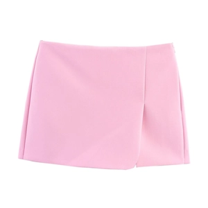 Pink mini skort with wrap front slit design for women in light pink minimalist style