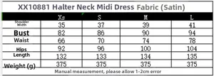 Size chart table for the satin halter neck midi dress with detailed body measurements