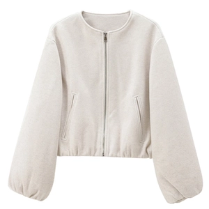 Damen Kurzjacke aus Wolle in Cremeweiß mit Rundhals und eleganten Laternenärmeln