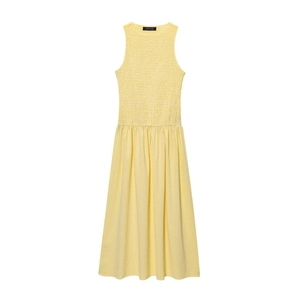 Women's yellow gingham sleeveless midi dress with smocked bodice and high waist design