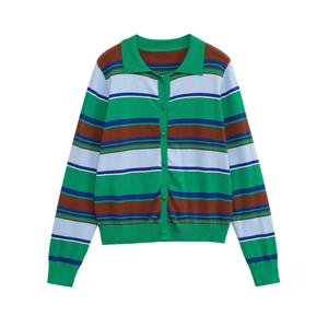 Women Casual Striped Knitted Polo Cardigan Contrast Color Long Sleeve Mercerized Cotton Top For Daily Wear Spring New
