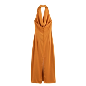 Detail of elegant backless halter midi dress with a cowl neck and hidden zipper