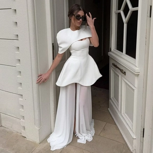Ensemble Deux Pièces Femme Élégant Style Français Couleur Unie Haut à Basques Et Jupe Longue Fendue Tenue De Fête