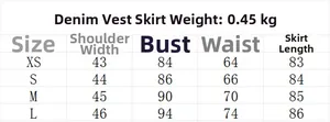 Detailed size chart for denim sleeveless dress showing XS to L measurements in cm