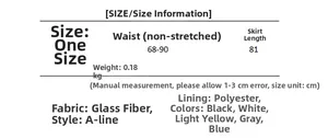 Guide des tailles pour jupe transparente avec taille élastique et mesures en centimètres