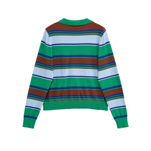 Women's multi-color striped long sleeve polo knit sweater with green ribbed trim cuffs