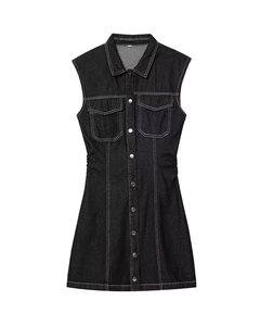 Detail of contrast stitching and metal buttons on sleeveless denim vest dress
