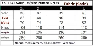 Tableau des tailles pour robe en satin imprimé avec mesures de poitrine et taille