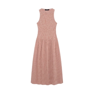 Women's summer sleeveless midi dress with reddish-brown gingham check and smocked bodice