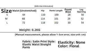 Detaillierte Größentabelle für Damen-Satinhose mit Paisleymuster in den Größen S, M, L
