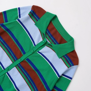 Classic striped knit polo shirt for women featuring a green collar and vintage style
