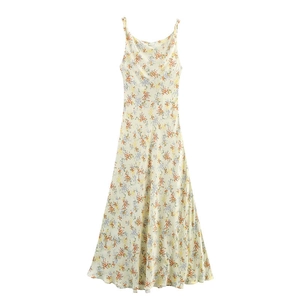 Robe Longue Femme Style Français Florale Bretelles Spaghetti Texture Satinée Col Bénitier Sans Manches Élégante Été
