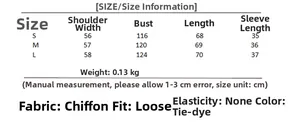 Detailed size chart for loose tie-dye chiffon shirt with S-L measurements and fabric info