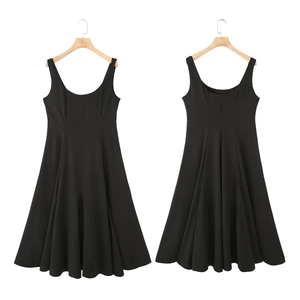 Front and back view of a black sleeveless midi skater dress with back zipper detail