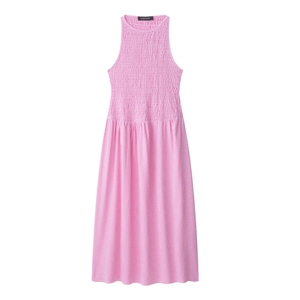 Pink gingham halter midi dress with a smocked bodice and A-line skirt on white background