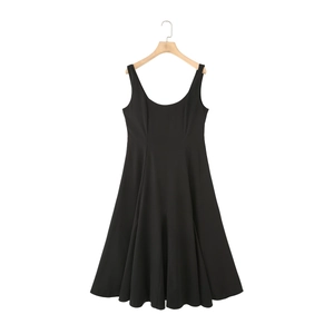 Detail of a black sleeveless midi dress with a square neckline and pleated flared skirt