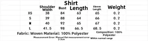Size guide for long sleeve shirt showing XS to L measurements in centimeters and weight