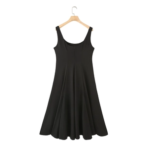 Elegant sleeveless black A-line midi dress with a square neckline and back zipper closure