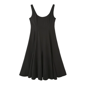 Women Elegant Black Sleeveless Square Neck Midi Dress Solid Color A-Line Summer Party Casual Fashion Dress For Lady