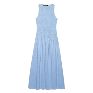 Blue and white gingham sleeveless midi dress with smocked bodice for women
