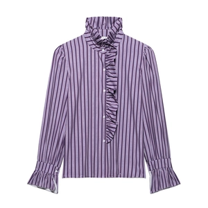 Detail of ruffle stand collar and vertical stripes on purple long-sleeve blouse