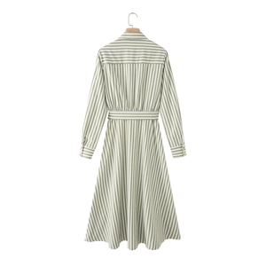 Abito a camicia elegante a righe verdi a maniche lunghe con cintura e gonna a trapezio svasata