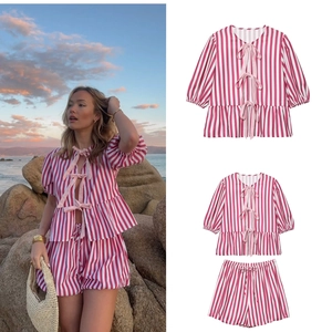 Haut Rayé Pour Femmes Et Short Doux Manches Bouffantes Peplum Nœud Devant Chemisier Taille Haute Décontracté Vacances D'été Streetwear