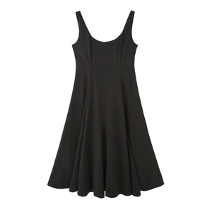Elegant sleeveless black A-line midi dress with a square neckline and a flowy silhouette