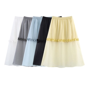 Jupe Midi Trapèze à Taille Haute pour Femmes Élégante Ourlet à Volants Taille Élastique Couleur Unie Jupe en Fil de Verre