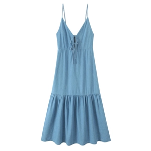 Robe Midi à Bretelles Bleu Clair pour Femmes Noeud Col en V Dos Nu Ourlet à Volants Style Denim Élégante Décontractée Été