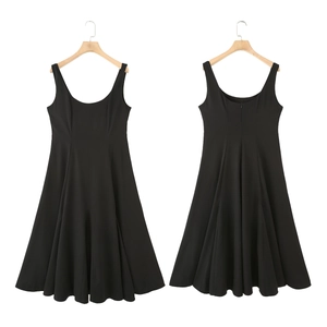 Sleeveless square neck midi A-line dress in black, front and back views on wooden hanger