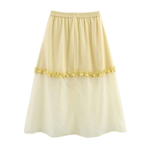 Jupe midi trapèze jaune clair pour femme avec volants et taille élastique