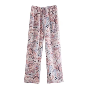Böhmische Paisley Print Polyester Satin Weites Bein Hose Für Damen Hohe Taille Kordelzug Lose Casual Gerade Hose