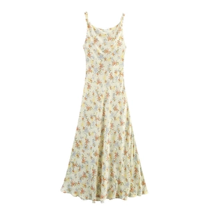 Robe Midi en Satin à Imprimé Floral pour Femmes Col Bénitier Sans Manches Pullover Coupe en A Vacances d'Été Robe Longue Élégante