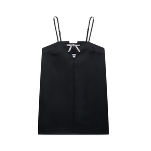 Robe Mini Noire Élégante à Bretelles Avec Décoration de Nœud en Strass Coupe Ajustée Sans Manches pour Soirée Cocktail Femme